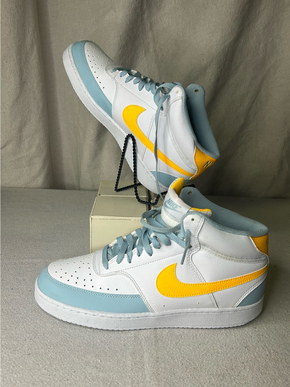 Nike Women’s Mid-Top Sneakers - White, Yellow & Light Blue. Court Vision